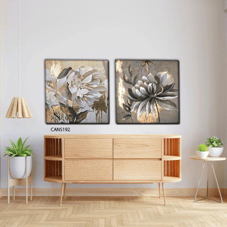 لوحة جدارية كانفس ورود تدرجات الذهبي ورمادي مع أبيض