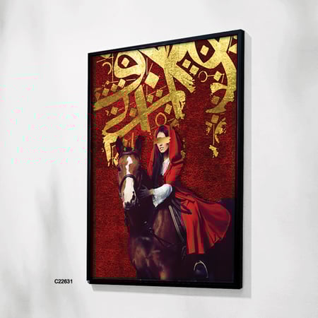 لوحة جدارية تصور فتاة برداء احمر تمتطي خيل