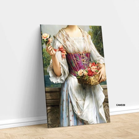 لوحة جدارية كانفس فتاة من العصر الفيكتوري وورد تدرجات بني وأحمر وبيج وأخضر