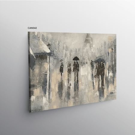 لوحة جدارية كانفس أشخاص وجو ممطر بطابع مائي تدرجات أسود ورمادي وأبيض