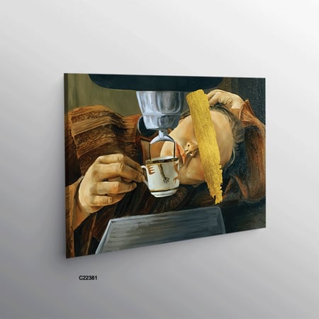 لوحة جدارية كانفس فتاة ريفية وفنجان تدرجات البني والرمادي والذهبي