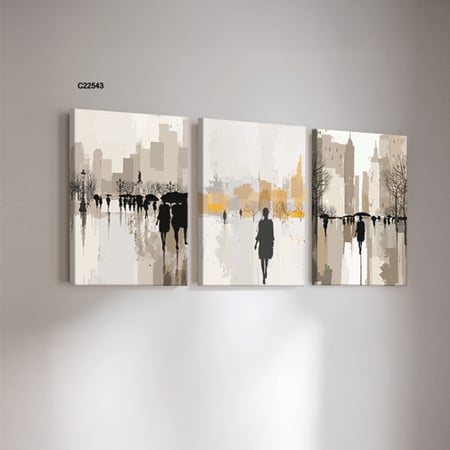 لوحة تصور اشخاص بتدرجات البيج والاصفر والرمادي والاسود