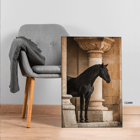 لوحة جدارية كانفس تصور خيل يقف داخل قلعة بتدرجات البني البيج والاسود