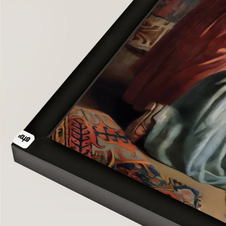 لوحة جدارية تصور بائع وسيدة في العصور الاسلامية القديمة تدرجات البيج والاحمر والازرق