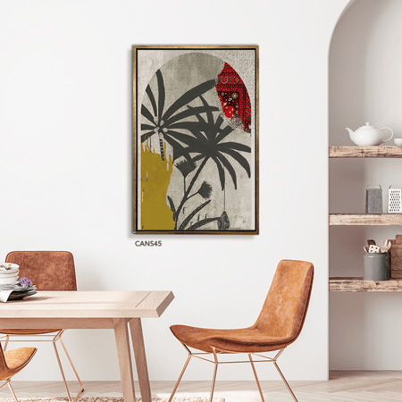 لوحة جدارية كانفس نخل وأوراق تدرجات أخضر ورمادي وأصفر