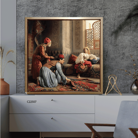 لوحة جدارية تصور بائع وسيدة في العصور الاسلامية القديمة تدرجات البيج والاحمر والازرق