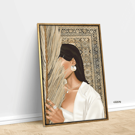 لوحة جدارية كانفس فتاة برداء أبيض بخلفية نقوش سجاد