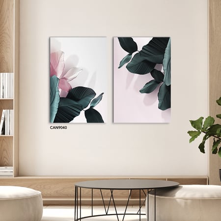 لوحة جدارية كانفس مقسمة أوراق درجات الأخضر والوردي مع الأبيض والبيج