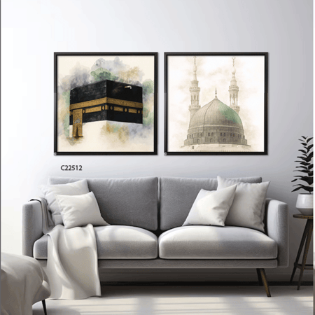 لوحة جدارية كانفس تصور الحرمين الشريفين بتدرجات الاخضر والاسود