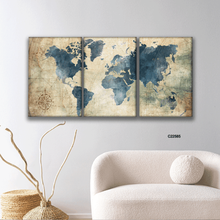 لوحة جدارية كانفس تجسد خريطة العالم بتدرجات البني والبيج والازرق