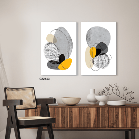 لوحة جدارية كانفس تصور اشكال دائرية متداخلة بتدرجات الرمادي والاصفر والاسود