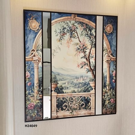 لوحة جدارية كانفس تصور مشهد يشبه نافذة مفتوحة على منظر طبيعي و مرايا