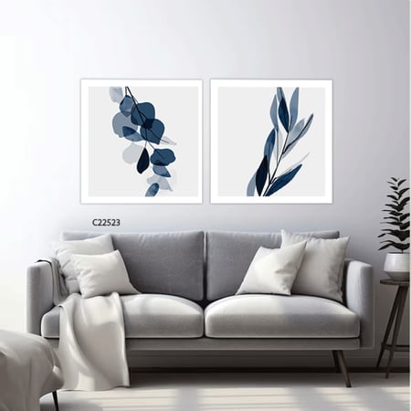 لوحة جدارية كانفس تصور اوراق شجر تدرجات الكحلي والابيض