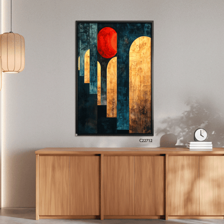 لوحة جدارية تصور اقواس  متداخلة ذهبية ودائرة باللون الاحمر بخلفية غامقة