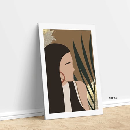 لوحة  جدارية كانفس ، ورقة شجر وفتاة - تدرجات البني والبيج - فن بوهيمي