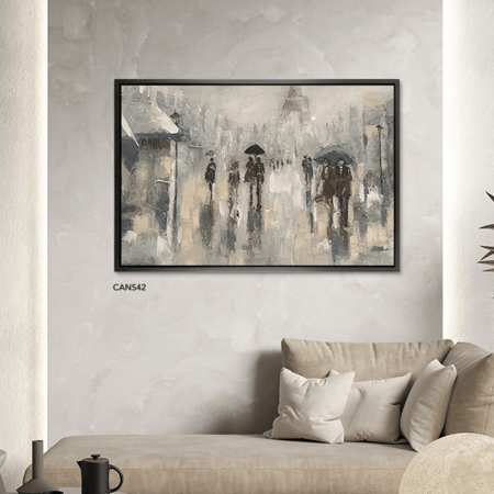 لوحة جدارية كانفس أشخاص وجو ممطر بطابع مائي تدرجات أسود ورمادي وأبيض