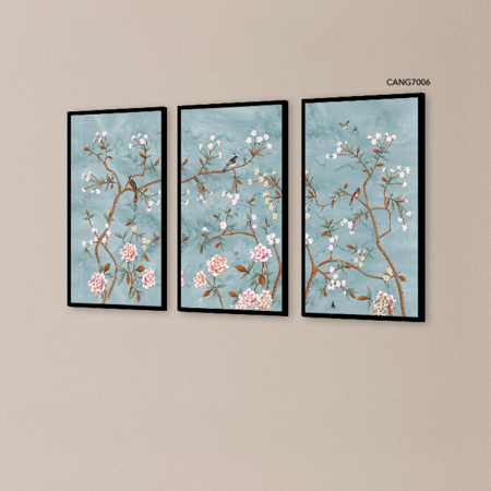 لوحة جدارية كانفس ورد وطيور وأغصان تدرجات وردي وازرق رمادي