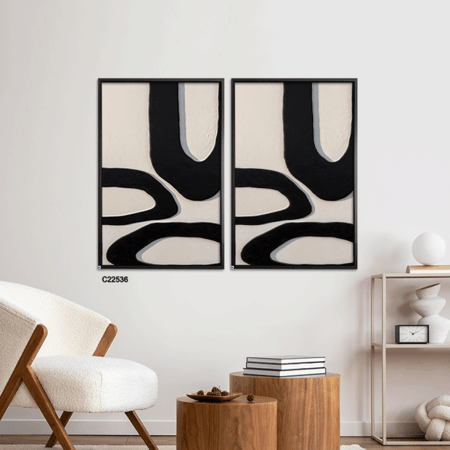 لوحة جدارية  كانفس تصور أشكالًا عشوائية بتدرجات الأسود والبيج