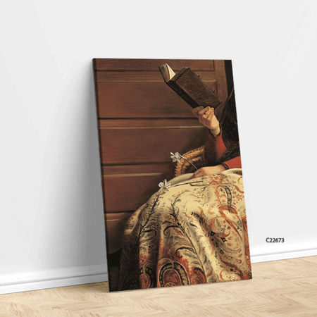 لوحة جدارية كانفس بتصميم كلاسيكي يظهر فتاة تقرا كتاب وتمسك بزهور في اليد الاخرى