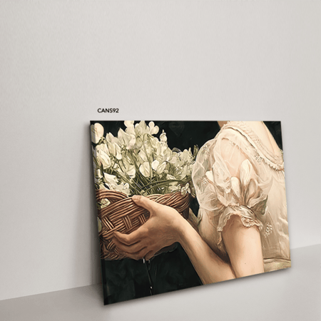 لوحة جدارية كانفس سيدة تحمل ورود تدرجات البيج والأخضر مع الأسود