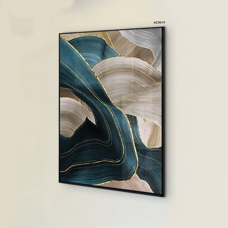 لوحة جدارية اكريليك تصميم تموجات متداخلة بتدرجات الزيتي والذهبي
