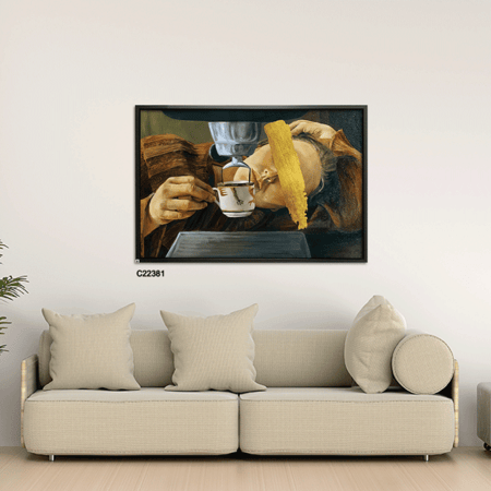 لوحة جدارية كانفس فتاة ريفية وفنجان تدرجات البني والرمادي والذهبي