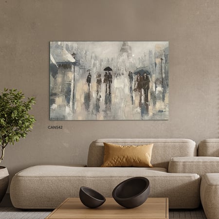 لوحة جدارية كانفس أشخاص وجو ممطر بطابع مائي تدرجات أسود ورمادي وأبيض