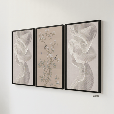 لوحة جدارية كانفس مقسمة، ورود وأغصان وتموجات-تدرجات البني والبيج