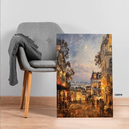 لوحة جدارية تصور احد شوارع باريس بتدرجات البرتقالي والاحمر