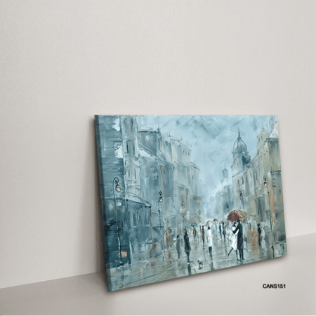لوحة جدارية كانفس شارع وأشخاص تدرجات الأزرق السماوي مع الأبيض