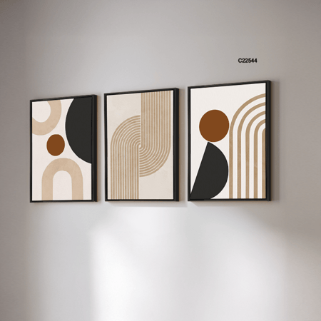 لوحة جدارية كانفس تصور اشكال هندسية وخطوط بتدرجات البني والبيج والاسود