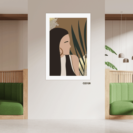 لوحة  جدارية كانفس ، ورقة شجر وفتاة - تدرجات البني والبيج - فن بوهيمي