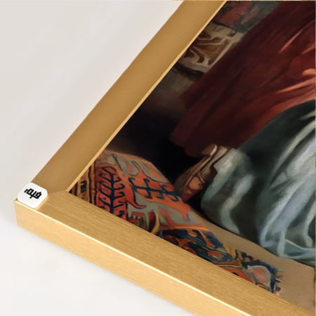 لوحة جدارية تصور بائع وسيدة في العصور الاسلامية القديمة تدرجات البيج والاحمر والازرق