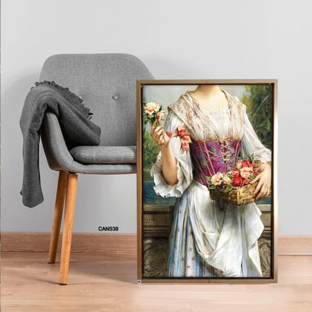 لوحة جدارية كانفس فتاة من العصر الفيكتوري وورد تدرجات بني وأحمر وبيج وأخضر