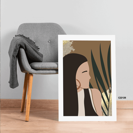 لوحة  جدارية كانفس ، ورقة شجر وفتاة - تدرجات البني والبيج - فن بوهيمي