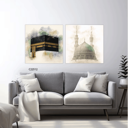لوحة جدارية كانفس تصور الحرمين الشريفين بتدرجات الاخضر والاسود