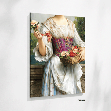 لوحة جدارية كانفس فتاة من العصر الفيكتوري وورد تدرجات بني وأحمر وبيج وأخضر