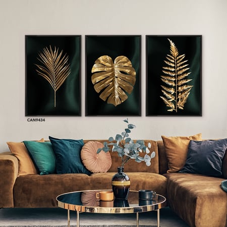 لوحة جدارية كانفس مقسمة أوراق شجر درجات الأسود والذهبي مع الزيتي