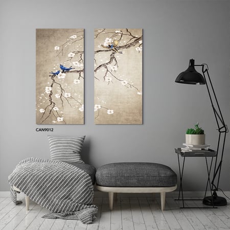 لوحة جدارية كانفس مقسمة ورد وطيور وأغصان درجات البني والبيج مع الأزرق