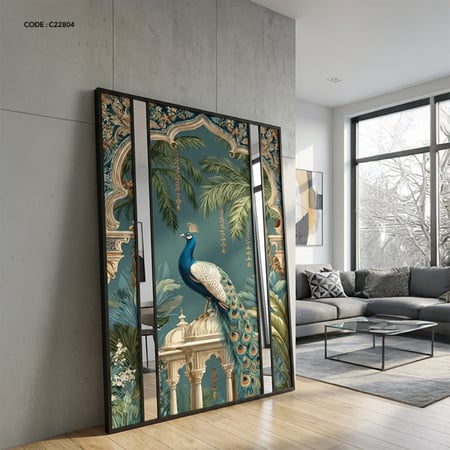 لوحة جدارية كانفس بتصميم لحديقة يتوسطها طاوؤس ومرايا بين قطع الكانفس