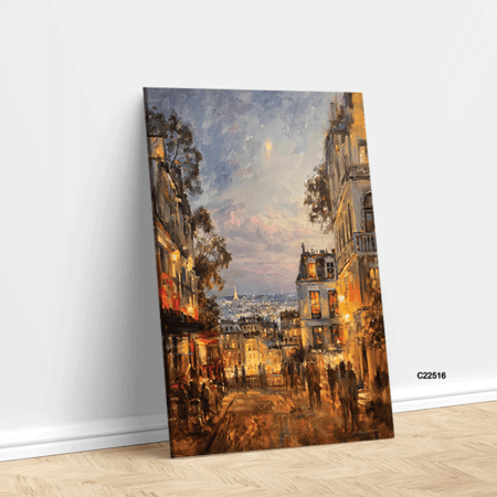 لوحة جدارية تصور احد شوارع باريس بتدرجات البرتقالي والاحمر