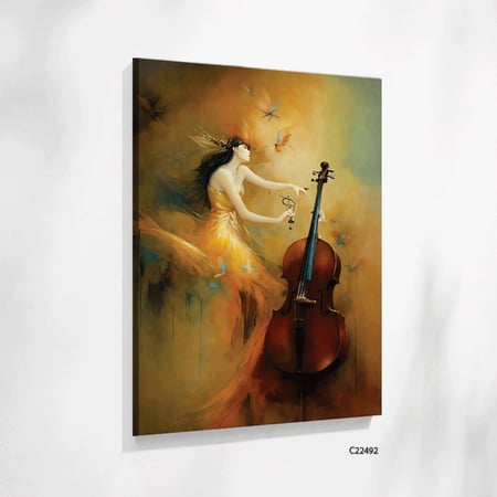 لوحة جدارية كانفس تصور فتاة تعزف على التشيللو تدرجات البرتقالي مع البني والاخضر