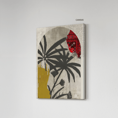 لوحة جدارية كانفس نخل وأوراق تدرجات أخضر ورمادي وأصفر