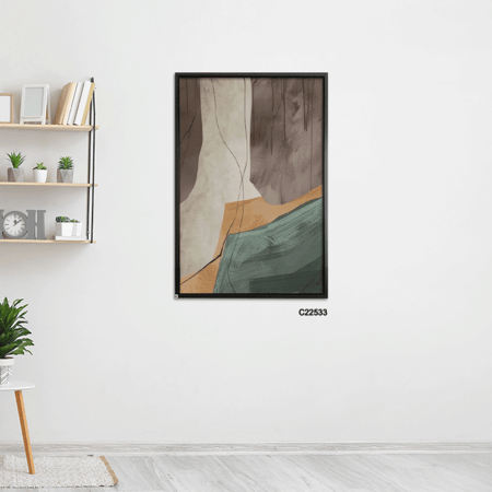 لوحة جدارية  كانفس  تتميز بتداخل أشكال بتدرجات البني مع الزيتي والبيج.