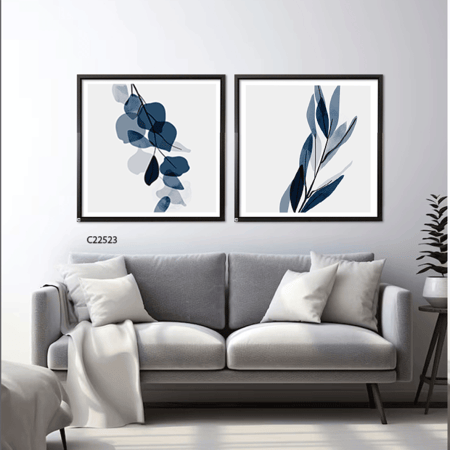 لوحة جدارية كانفس تصور اوراق شجر تدرجات الكحلي والابيض