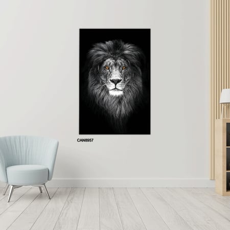 لوحة جدارية كانفس أسد درجات الأسود والأبيض مع الرمادي