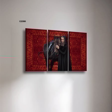 لوحة جدارية 3 قطع امراة وخيل بخلفية من النقوش