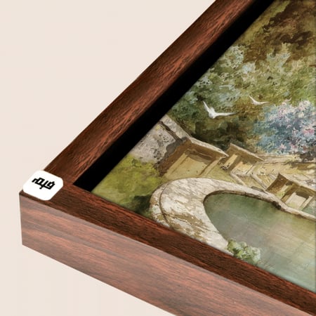 لوحة جدارية تصور جزءاً من حديقة تدرجات الاخضر والبيج والسماوي