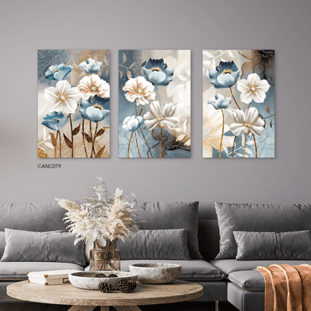 لوحة جدارية كانفس مقسمة ، ورود - تدرجات الأزرق السماوي والبني مع الأبيض والبيج