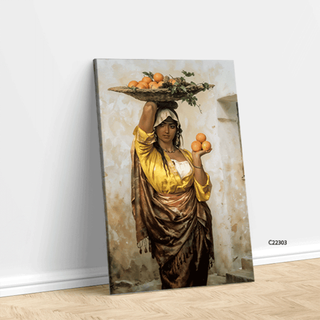 لوحة جدارية كانفس امرأة بلباس تقليدي بتدرجات البيج والاصفر والبني